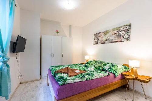 a bedroom with a bed and a tv in it at Apartments Křenka Brno-center in Brno