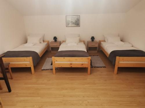 a room with three beds and two tables at Baka Ljuba 