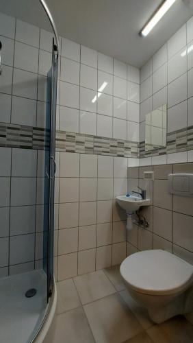a bathroom with a shower and a toilet and a sink at Motel Maria in Szałe