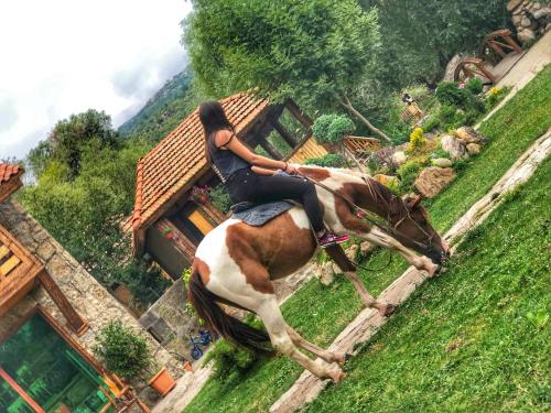 a woman riding on the back of a brown horse at Getahovit Resort in Ijevan