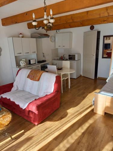 ein Wohnzimmer mit einem roten Sofa und einer Küche in der Unterkunft Studio agréable et très lumineux (Salles d'Aude) in Salles-dʼAude