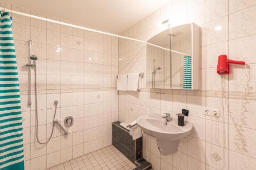 a white bathroom with a sink and a shower at Schäfer's Ferienhof Michaelsberg in Gundelsheim