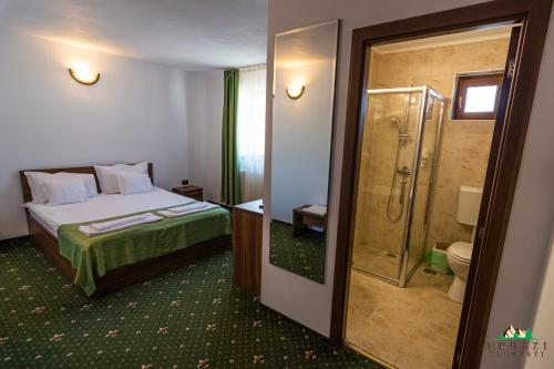 Habitación de hotel con cama y ducha en Pensiunea 3 Brazi Zarnesti en Zărneşti