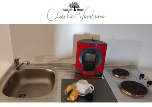 een aanrecht met een wastafel en een koffiezetapparaat bij Le Clos la Verdière in Velaux
