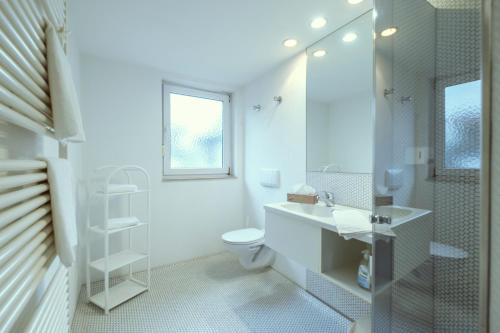 a white bathroom with a toilet and a sink at Landgasthof Apfelblüte garni in Salem