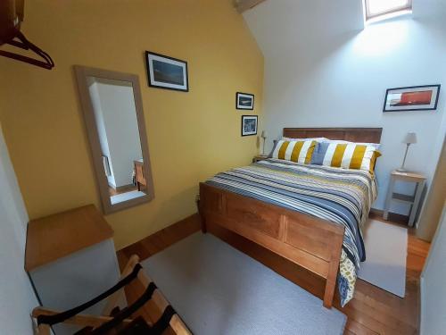 a bedroom with a bed and a mirror at Bryn Teg Barn in Dyffryn