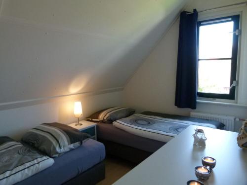 a small room with two beds and a window at Buitenplaats Villa Deluxe in Callantsoog