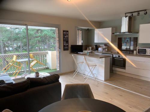 a living room with a couch and a kitchen at Bel appartement 4 personnes balcon, centre ville in Le Touquet-Paris-Plage