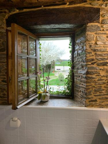 una finestra in un edificio in pietra con un vaso sul davanzale di una finestra di Casa Ferreiro - Campo da Cruz - Lugo a Baltar
