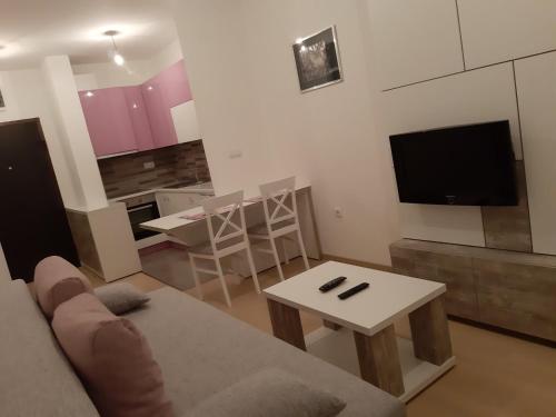 un salon avec un canapé, une table et une télévision dans l'établissement Apartman Ladybug, à Banja Luka
