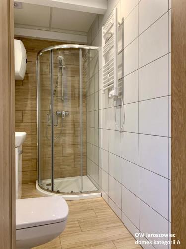 a bathroom with a shower and a toilet at OW Jaroszowiec in Łazy