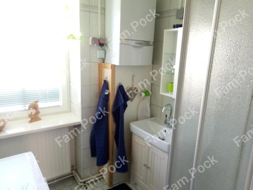 a bathroom with a sink and a toilet and a window at Ferienhaus Mörterteich in Litschau