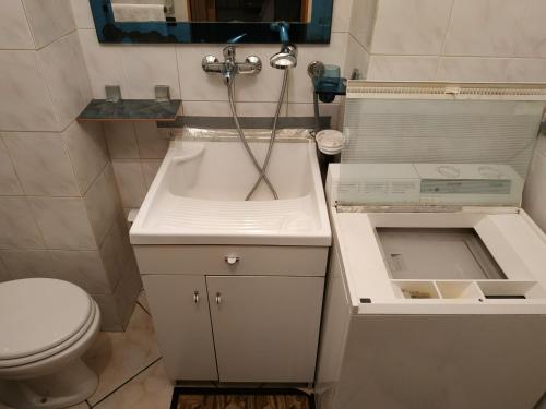 a small bathroom with a sink and a toilet at Casa Valery ai piedi del Geoparco Majella in Lettomanoppello