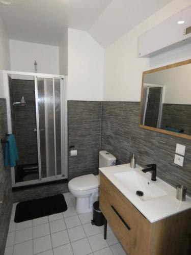 une salle de bain avec un lavabo, des toilettes et un miroir dans l'établissement Les Bergeronnettes, à Trénal