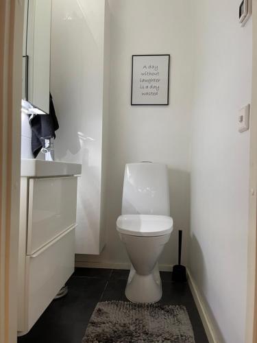 a bathroom with a toilet and a picture on the wall at Design Guesthouse Laanila in Oulu