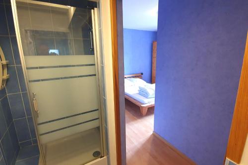 ラ・ブレスにあるAppartement La Bresseのベッドルームにつながるガラスドア付きのバスルーム