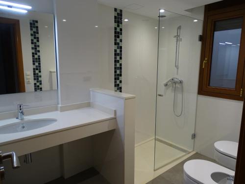 La salle de bains est pourvue d'une douche, d'un lavabo et de toilettes. dans l'établissement Ca la Victòria, à Vinyols i els Arcs
