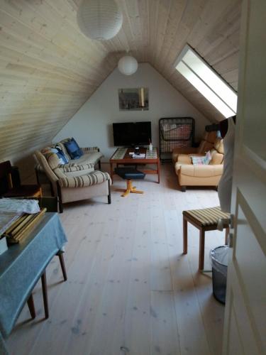 een woonkamer met banken en een dak bij Stenhøj Bed and Breakfast, v. Jette og Marius in Erslev