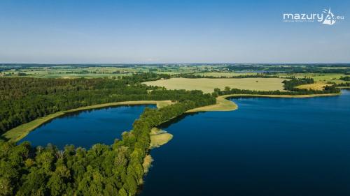 an aerial view of a lake with trees and water at Złota Leśniczówka in Rydzówka