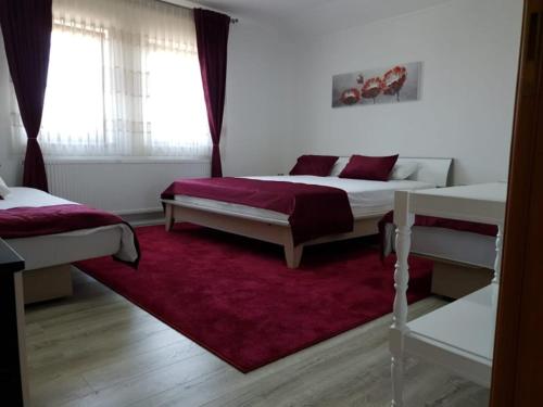 a bedroom with two beds and a red rug at Una Valley Bihać in Bihać
