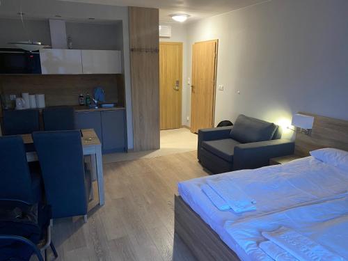 1 dormitorio con cama, sofá y cocina en Apartament Snow Sun Szklarska Poręba, en Szklarska Poręba