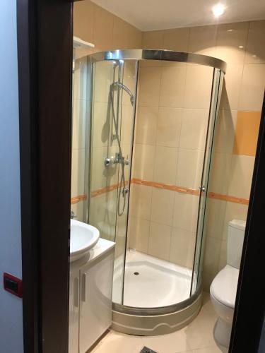 a shower in a bathroom with a toilet and a sink at Ale Summer Suite in Mamaia