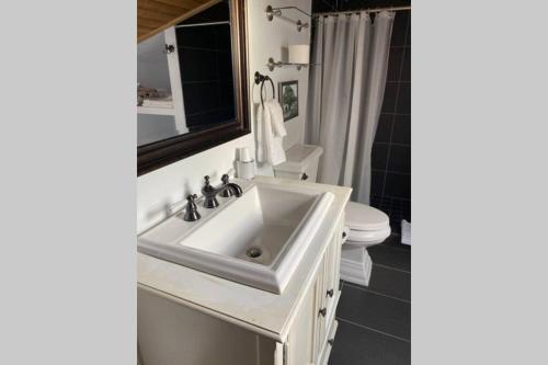 a bathroom with a sink and a toilet at Best creek view and mountain view in town. Unbeatable location in Vail