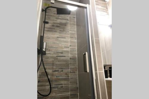 a shower with a glass door in a bathroom at Le Sweet Toulouse Purpan - Hopital & Tram à 5 minutes - Parking in Toulouse