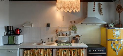 a kitchen with a sink and a yellow refrigerator at Gîte de Charme Robineau Eco-Logis Gironde in Caumont