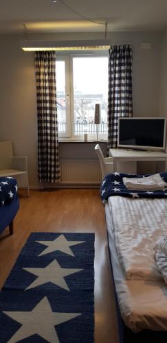 a bedroom with a bed and a blue rug and a window at Huskvarna Hotell & Vandrarhem in Huskvarna
