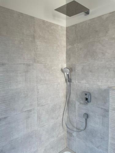 a shower with a shower head in a bathroom at Ferienwohnung Strandkieker 2 in Ueckermünde