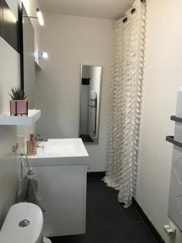 La salle de bains blanche est pourvue d'un lavabo et d'un miroir. dans l'établissement LA PASSIFLORE, à La Londe-les-Maures