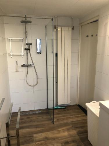a bathroom with a shower with a glass door at B&B Kleine Vliet in Medemblik