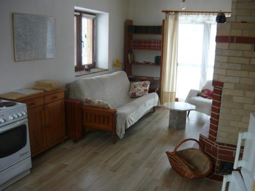 uma sala de estar com um sofá e um fogão em Wichrowe Wzgórze em Dynów