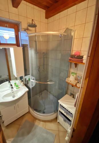 a bathroom with a shower and a sink at Bakonyi Vadász Háza in Bakonykúti