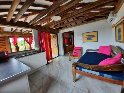 a bedroom with a bed with blue sheets and pink pillows at Gite INDIA in Port-Louis