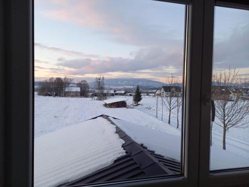 a view from a window of a snow covered roof at Zagroda na Borach in Jabłonka