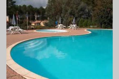 une grande piscine avec de l'eau bleue dans une cour dans l'établissement Maison au coeur des Landes, Saint-Julien en Born, à Saint-Julien-en-Born