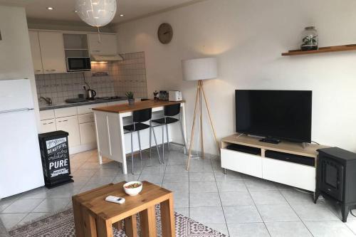 Il comprend un salon avec une télévision et une cuisine. dans l'établissement Le Vert Bois - calme, verdure, terrains de tennis, à Annecy