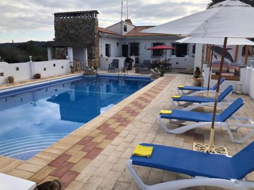 einen Pool mit Stühlen und einem Sonnenschirm in der Unterkunft LEMON TREE VILLA in Monserrat