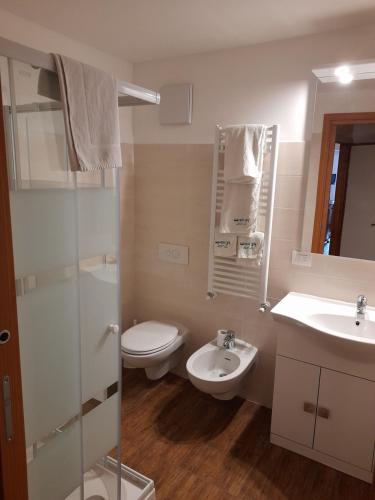 La salle de bains est pourvue de toilettes et d'un lavabo. dans l'établissement Fattoria Meneguto Agriturismo Degasper Giorgio, à Cortina dʼAmpezzo