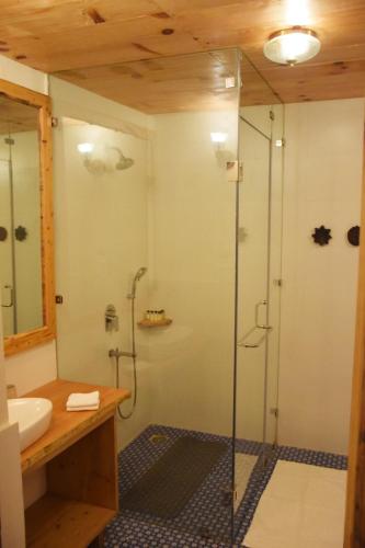 a bathroom with a shower with a glass door at Kudrat - A Boutique Homestay- Tirthan Valley in Banjār