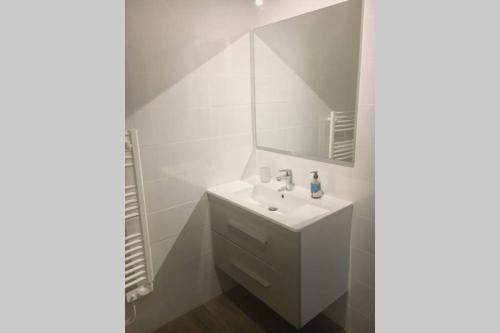 une salle de bain blanche avec un lavabo et un miroir dans l'établissement Apt calme VUE LAC - 2 Chambres - Sauna, à Annecy