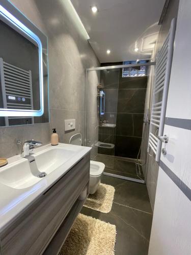 a bathroom with a sink and a toilet and a shower at E&A Apartments Guesthouse in Durrës