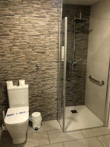 a bathroom with a shower with a toilet and a glass shower stall at Pension San Anton in Melide