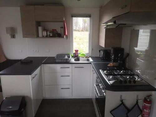 a small kitchen with a stove and a sink at aventura 6 personnes in Litteau