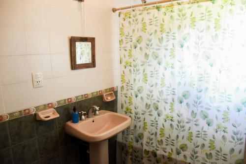 a bathroom with a sink and a shower curtain at Casa en Tafí del Valle in Tafí del Valle