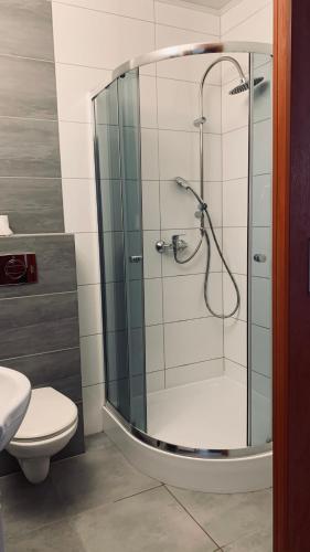 a bathroom with a glass shower with a toilet at Bianco - pokoje noclegowe in Częstochowa