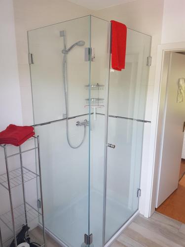 uma cabina de duche em vidro com uma toalha vermelha na escada em Ferienhaus Urban mit Garage em Wimbach