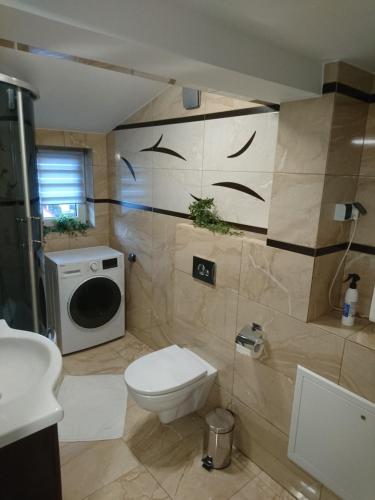 a bathroom with a toilet and a washing machine at Apartament ELBRUS CZYRNA Szczyrk in Szczyrk